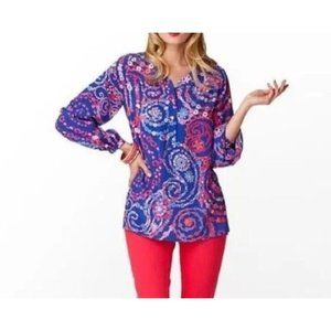Lilly Pulitzer Elsa Silk Blouse Sz S Floral Blue Pink Secret Snail Long Sleeve